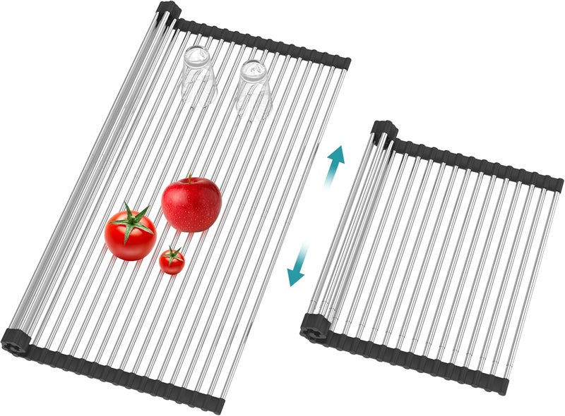 BBXTYLY Extra Large Expandable Roll Up Dish Drying Rack,Over The Sink Drying Rack Sink Cover Kitchen Sink Accessories Kitchen Rolling up Stainless Steel Drainer, Foldable,Rollable（Black，22.8''-17''） - Image 1